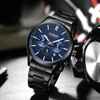 CURREN Original Brand Stainless Steel Band Wrist Watch For Men 8446 - Black Blue