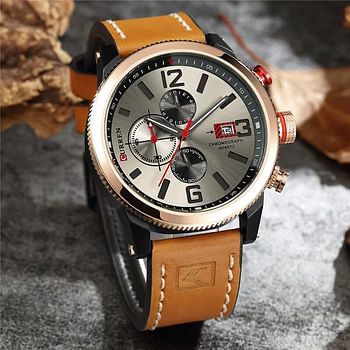 CURREN 8281 Original Brand Leather Straps Wrist Watch For Men - Brown and Silver