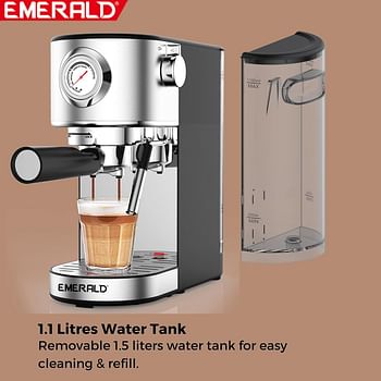 إميرالد - ماكينة صنع القهوة الأوتوماتيكية من الفولاذ المقاوم للصدأ، ماكينة صنع الإسبريسو والكابتشينو. 20 بار، خزان مياه سعة 1.1 لتر، وظيفة تكوين الرغوة، صينية تنقيط قابلة للإزالة. EK7911ECM
