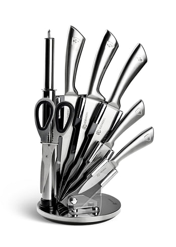 EDINBURG Kitchen Knife Set with Stand & Sharpener- Stainless Steel Blades | Non-Slip Ergonomic Handle | Professional Chef Knives- Set of 8 pieces, Silver