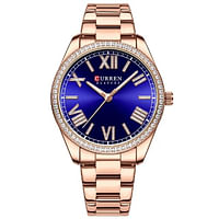 Curren 9088 Original Brand Stainless Steel Band Wrist Watch For Women / Gold And Blue Dial