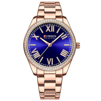 Curren 9088 Original Brand Stainless Steel Band Wrist Watch For Women / Gold And Blue Dial