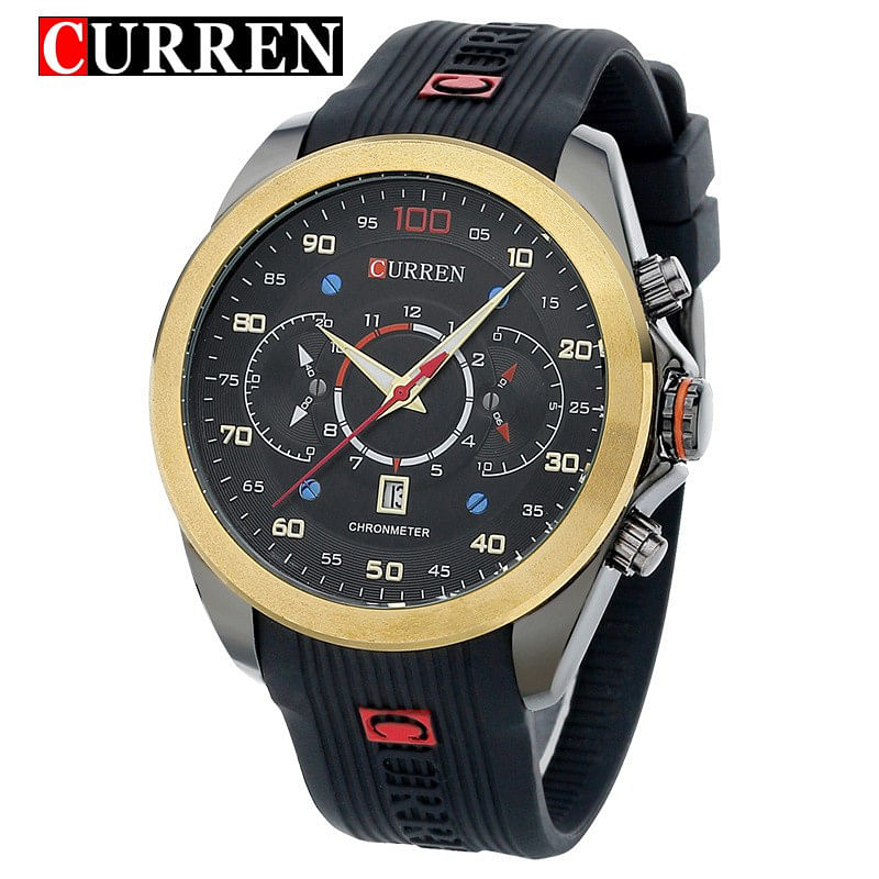 Curren 8166 Men's Quartz Watch Silicone Strap Fashion Sports Waterproof- Black and Gold