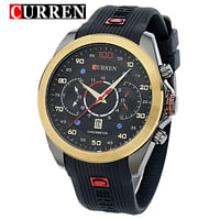 Curren 8166 Men's Quartz Watch Silicone Strap Fashion Sports Waterproof- Black and Gold