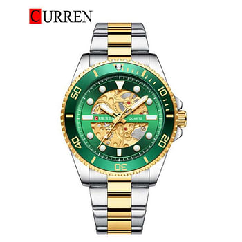 CURREN 8412 Original Brand Stainless Steel Band Wrist Watch For Men - Gold Silver and Green