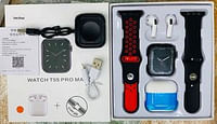 Smart Watch T55 Pro Max Combo - Watch + BT Earbuds  + Dual Straps changeable Calls Health Tracker All Notifications for Android / IOS - Color Red Black