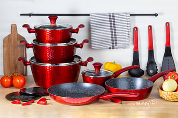 EDENBERG 15 Piece Red Hexagon Design Forged Cookware Set| Stove Top Cooking Pot| Cast Iron Deep Pot| Butter Pot| Chamber Pot with Lid| Deep Frypan