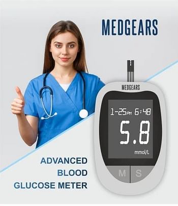1.1-33.3 mmol/L Medgears One Glucometer Combo,50 Strips With 50 Lancets (Multicolour)