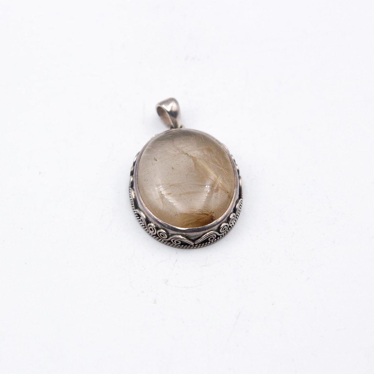 925 Sterling Silver Vintage Real Rutilated Quartz Crystal Pendant Handcrafted in Nepal 17 grams