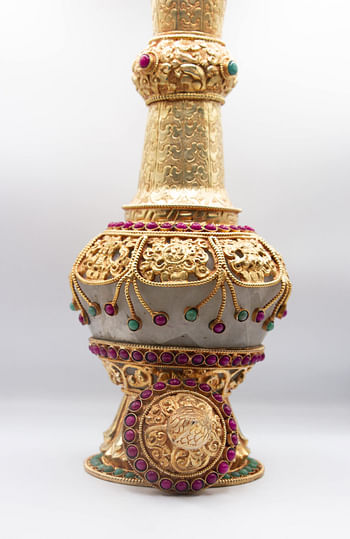 Pair of Golden Plated Vase with Crystal quartz, Rubies and Emeralds Gemstones Gold Gilted Flower Vase Antique Home Decoration Cultural Surahi Handicraft in Nepal