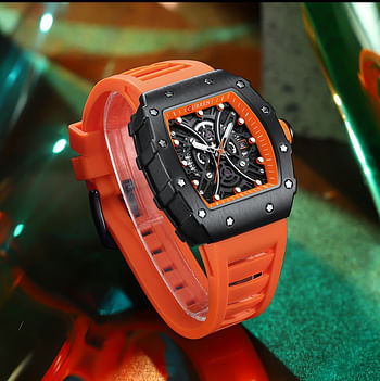 CURREN New Square Luminous Watches for Men Sport Casual Silicone Bracelet Hollow Auto Date Dial Wristwatches 8438 Quartz Watch Orange