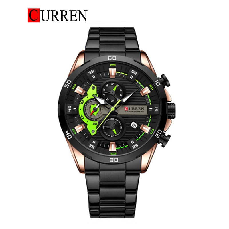 Curren 8402 Original Brand Stainless Steel Band Wrist Watch For Men Black/Green