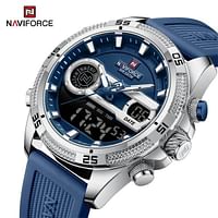 NaviForce NF9223 Men's Fashion Chronograph Digital Analog Luminous Silicon Strap Watch - Blue, Silver