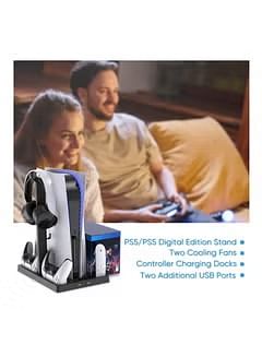 Compatible with PS5 Vertical Stand with Controller Charging Station Suction Cooling Fan Dual Controller Charger Station PS5 Gaming Accessories for PS5 Console with Headset Holder