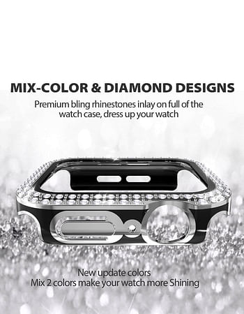 Caviar Compatible For Watch Series 7 6 5 4 44mm Two Tone Color Double Row Glitter Rhinestone Bling Crystal Diamonds Anti Shock Protective Cover With HD Tempered Glass Build in Screen Black