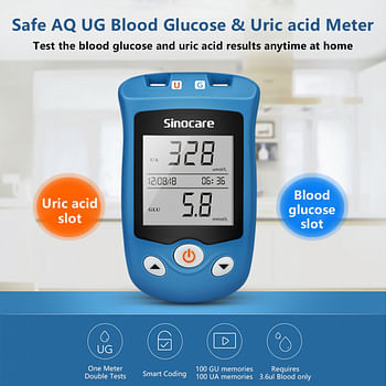 Sinocare Blood Glucose Uric Acid Meter with Advanced test strips Lancet Safe AQ UG for Multifunctions - Bundle (Device + 50 uric acid stips + 50 Safe AQ UG strips + 100 lancets)