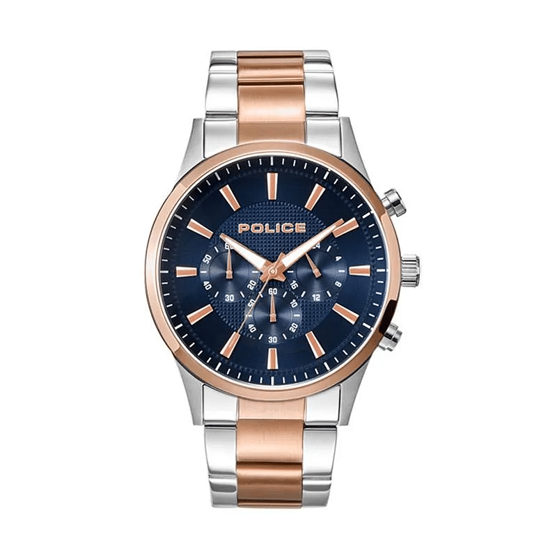 Police Chronograph  Blue Dial And Silver Rose Gold Watch For Men - P 15589JSTR-03M