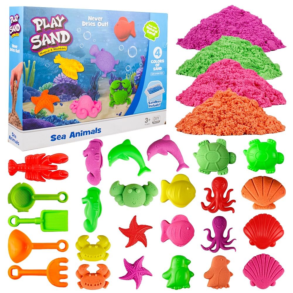 UKR Play Sand Sea Animal Mould Set of 4 Color Sand,Non Sticky Play Sand for 3,4,5 Ages