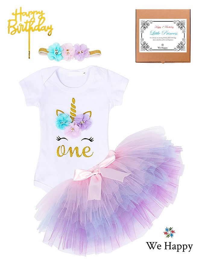 We Happy 4 Pieces 1st Birthday Baby Girl Costume Set, Newborn Princess ONE Printed Dress for Theme Party Photoshoot, Unicorn Bodysuit with Tutu Skirt, Cake Topper and Floral Headband - Purple, 1 Year