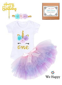 We Happy 4 Pieces 1st Birthday Baby Girl Costume Set, Newborn Princess ONE Printed Dress for Theme Party Photoshoot, Unicorn Bodysuit with Tutu Skirt, Cake Topper and Floral Headband - Purple, 1 Year