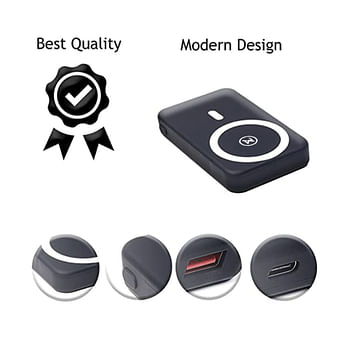 Max & Max Wireless Fast Magnetic Power Bank Charger with Foldable Stand 10000mah Portable Type C Type A for iPhone 12/13/14 Pro Max, Pro, Plus, Samsung S23 S22 S21 and Android - Black