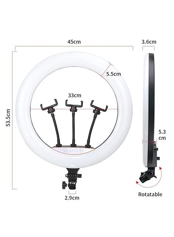 ضوء حلقة LED ناعم لسطح المكتب مقاس 18 بوصة RGB محمول MJ46 16 لونًا RGB مع ثلاثة حامل للهاتف المحمول وحامل صغير لصنع اليوتيوب وبكرات إنستا وفيديوهات المكياج