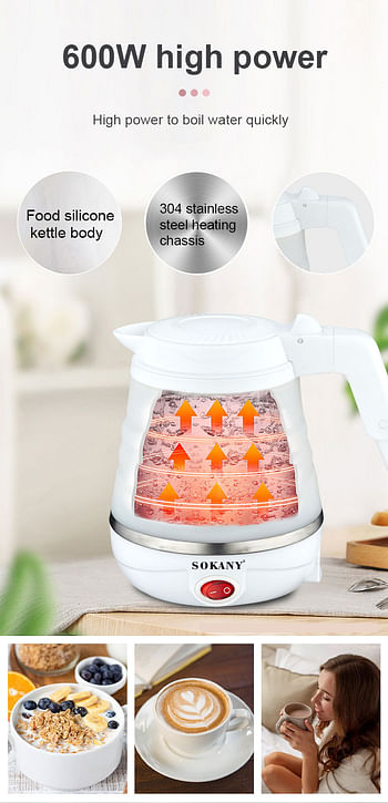 sokany Portable Folding Kettle Electric Coffee Maker Tea Milk Heating Boiling Pot Outdoor Easy to Carry Water Boiler 220V 0.6L - White