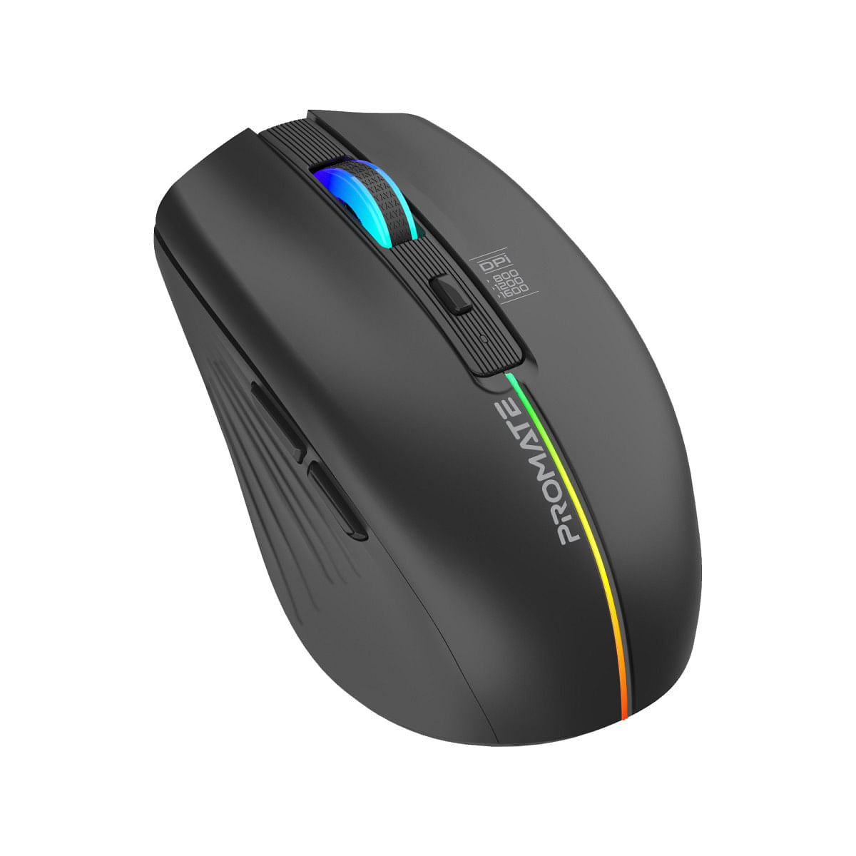 Promate Wireless Mouse, Ergonomic 500mAh Rechargeable LED Backlit Mice with Adjustable 1600DPI, 6 Functional Buttons, RGB Modes and 2.4Ghz Wireless Transmission for MacBook Air, Dell XPS 13, Asus, Kitt.BLACK