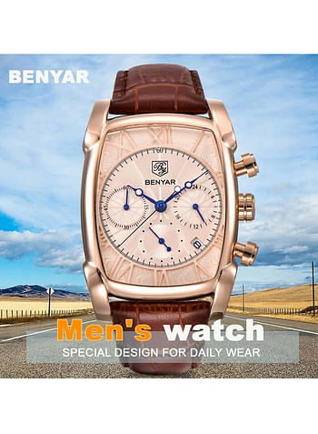 BENYAR Luxury Chronograph Mens Wrist Watch Premium 30 M Water Resistant Quartz Movement Dial with Leather Strap - Brown