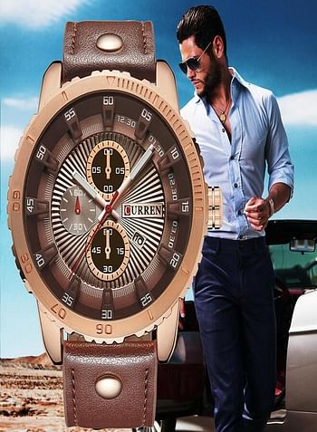 CURREN 8206 Mens Watches Luxury Quartz Watch Casual Sport Waterproof Leather Men Wristwatches - Brown