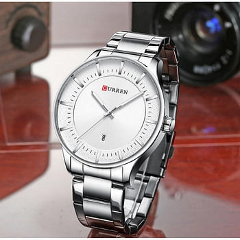 CURREN 8347 Original Brand Stainless Steel Band Wrist Watch For Men - Silver and White