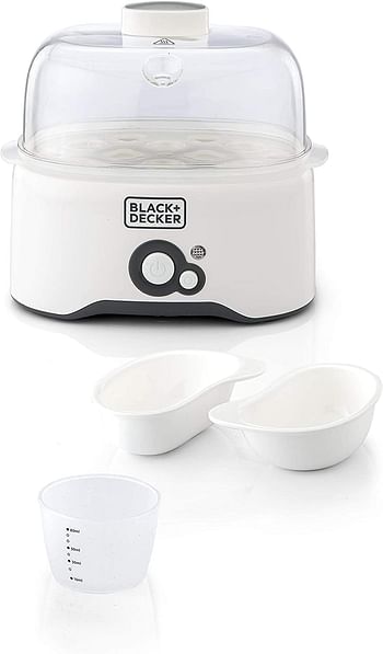 BLACK+DECKER 280W 6 Piece Egg Cooker With Cooking Rack And 2 Poaching Pan Dry Boil Auto Shutoff Protection Transparent Cover White Body, For Perfect Eggs EG200-B5