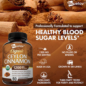 Pure Organic Ceylon Cinnamon Supplement - For weight management, Blood Sugar Control, Heart, Bones and Joints - 60 Capsules