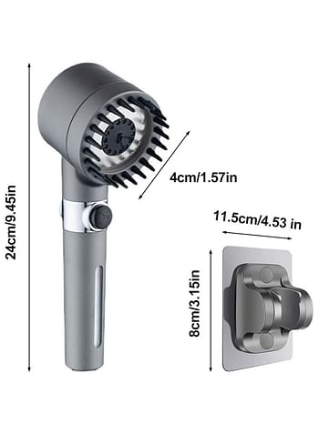 High Pressure Massage Shower Head and Punch-free Shower Holder, 3 Modes Shower Head with Filter with Water Stop Button for Home use - Grey