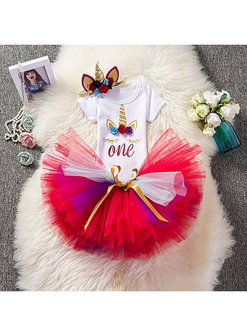 We Happy 4 Pieces 1st Birthday Baby Girl Costume Set, Newborn Princess ONE Printed Dress for Theme Party Photoshoot, Unicorn Bodysuit with Tutu Skirt, Cake Topper and Floral Headband - Red, 1 Year