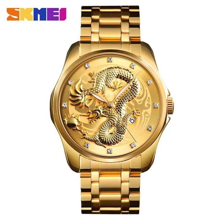 SKMEI Fashion Business Dragon Luxury Gold Stainless Steel Waterproof Quartz Watches for Men 9193