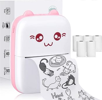 Portable Mini Printer, Instant Pocket Wireless Bluetooth Thermal Printers with 5 Rolls Printing Paper for Android iOS Smartphone, Label Maker Machine for Label Receipt Photo Notes Home Office (Pink)