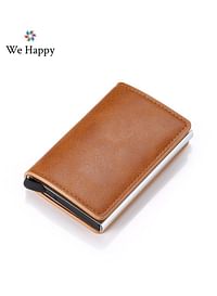 We Happy RFID Protection Leather Cover Ultra-Thin Aluminum Case Premium Credit Card Holder | Automatic Card Pop UP Wallet-BROWN