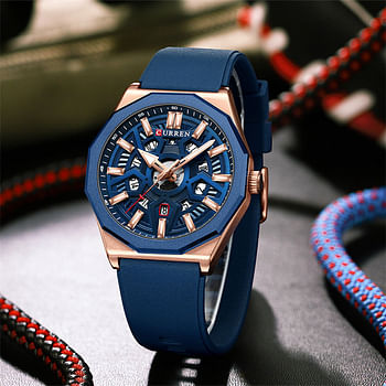 Curren 8437 Original Brand Rubber Straps Wrist Watch For Men - Blue and RoseGold