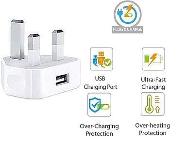 HRX-UK USB Mains Charger Plug Adaptor 1A/1000mAh, 3 Pin Plug, Fast Charging Plug for USB Cables