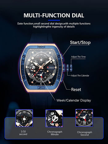 CURREN  Men Rectangle Watch Brand Chronograph Wristwatch Big Case Sport Watches