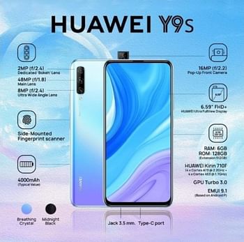 Huawei Y9s Smartphone Dual SIM, 128GB 6GB RAM, Breathing Crystal