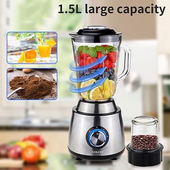 Sokany SK-155 2 in 1 Smoothie Blender Grinder, 2 Speed, 1.5L Blender Mixer with 0.3L Jar for Grinding, Ice Crush Function, Stainless Steel Blade