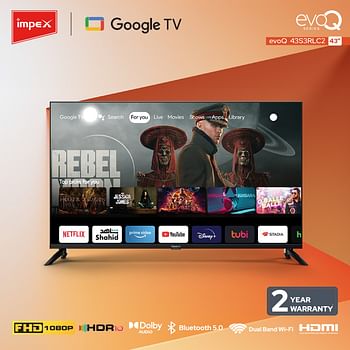 43 Inch FHD Google Smart TV with Dolby Vision Atmos and Dolby Audio, DTS HD, Built-in Chromecast, 1.5GB RAM, 8GB ROM, HDMI ARC, Super Slim Design with Voice Remote evoQ 43S3RLC2 Black