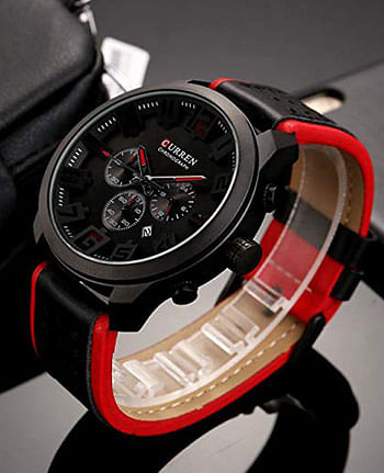 CURREN 8289 Original Brand Leather Straps Wrist Watch For Men - Black and Red