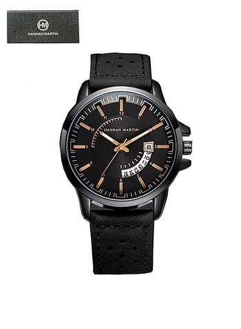 Hannah Martin Men Sport Quartz Waterproof Wrist Watch Leather Chronograph -6012 Black