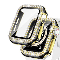 Caviar Compatible For Watch Series 8 7 6 45mm Two Tone Color Double Row Glitter Rhinestone Bling Crystal Diamonds Anti Shock Protective Cover With HD Tempered Glass Build in Screen. Gold