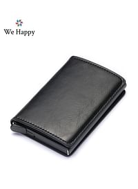 We Happy RFID Protection Leather Cover Ultra-Thin Aluminum Case Premium Credit Card Holder  Automatic Card Pop UP Wallet-black