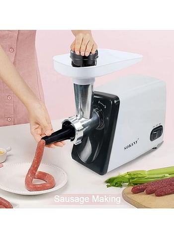 SOKANY Electric Meat Grinder 2500W Max Ultra Powerful 3 in 1 Multifunction Electric Meat Grinder Sausage Stuffer 1 Cutting Blade 3 Grinding Plates & Kubbe Attachment