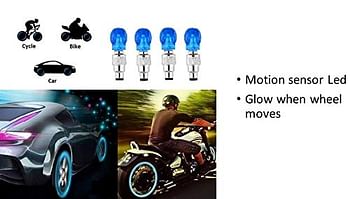 مصابيح LED زرقاء للعجلات - مصباح نيون لصمام اطار الدراجة النارية للسيارة والدراجة النارية، غطاء صمام الاطار، مقاوم للماء، يعمل بالحركة، اضواء فلاش وسبب، ملحقات اغطية صمام السيارة 4 قطع